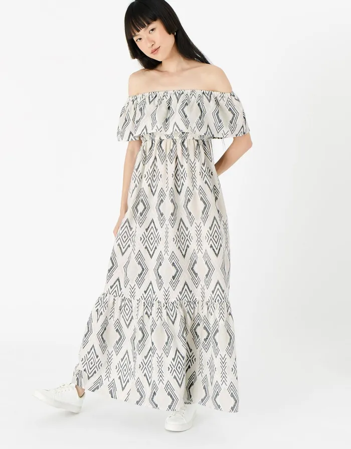 Accessorize Aztec Bardot Maxi Dress Black Black White Women Dresses
