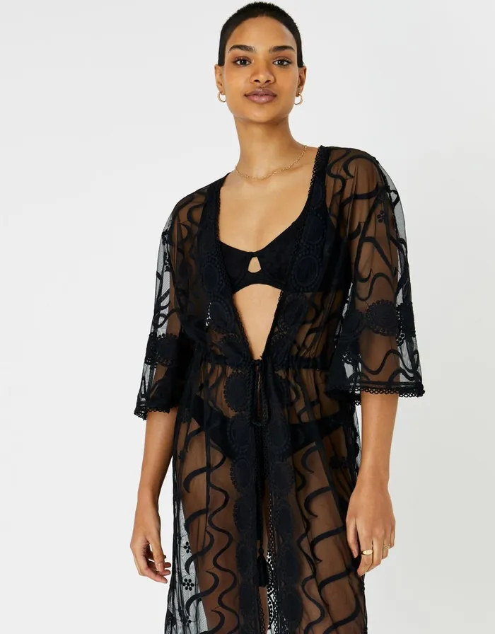 Accessorize Beach Lace Kimono Black Black Women Kaftans Cover Ups and Sarongs