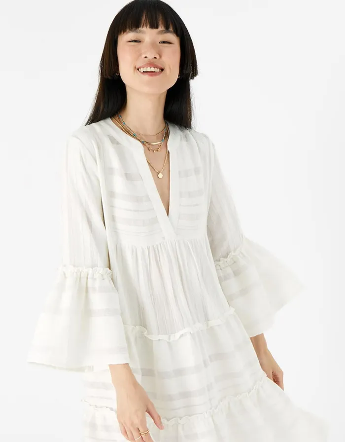 Accessorize Jacquard Flute Sleeve Dress White White Women Dresses