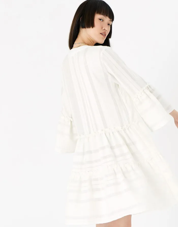 Accessorize Jacquard Flute Sleeve Dress White White Women Dresses
