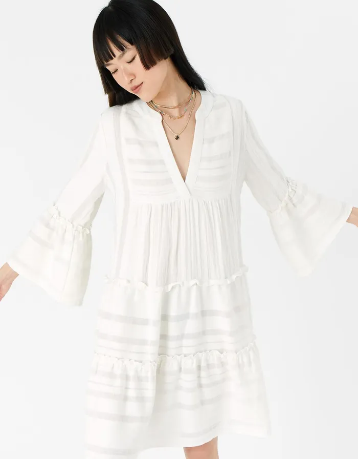 Accessorize Jacquard Flute Sleeve Dress White White Women Dresses