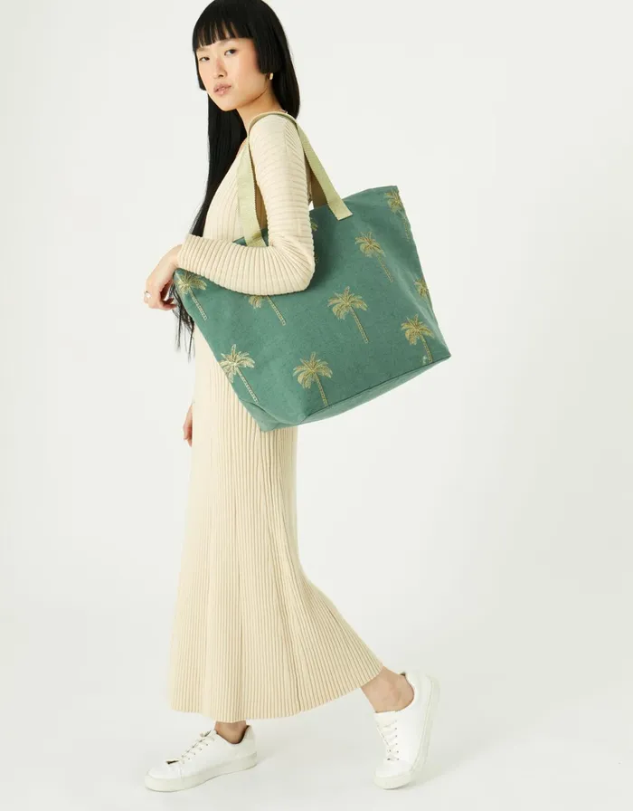Accessorize Paradise Palm Embroidered Tote Bag Green Women Beach Bags