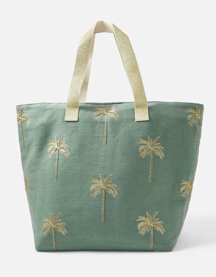 Accessorize Paradise Palm Embroidered Tote Bag Green Women Beach Bags