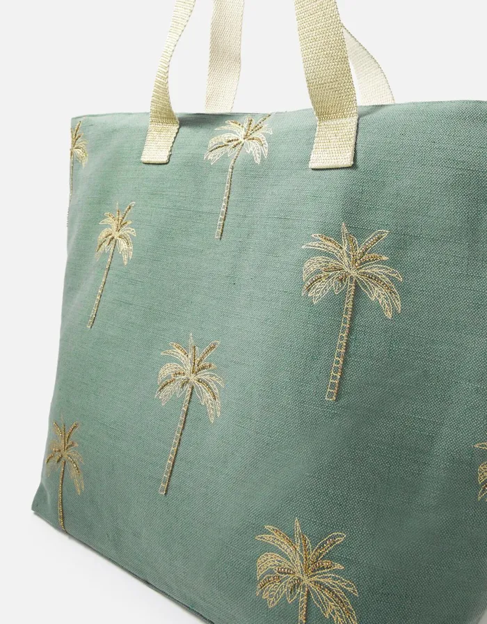 Accessorize Paradise Palm Embroidered Tote Bag Green Women Beach Bags