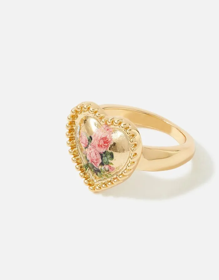 Accessorize Romantic Ramble Rose Print Heart Ring Pink Pink Women Rings