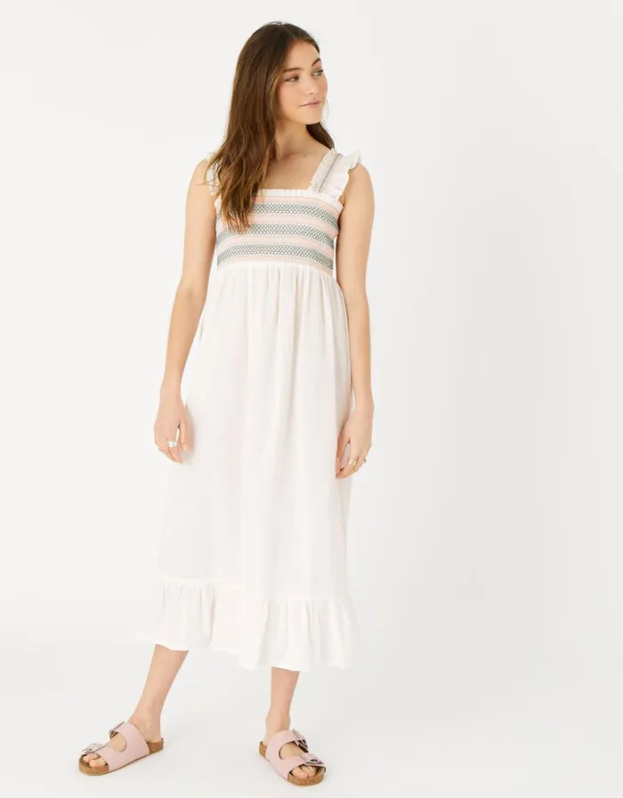 Accessorize Ruffle Shoulder Smocked Midi Dress Natural Ivory Women Dresses