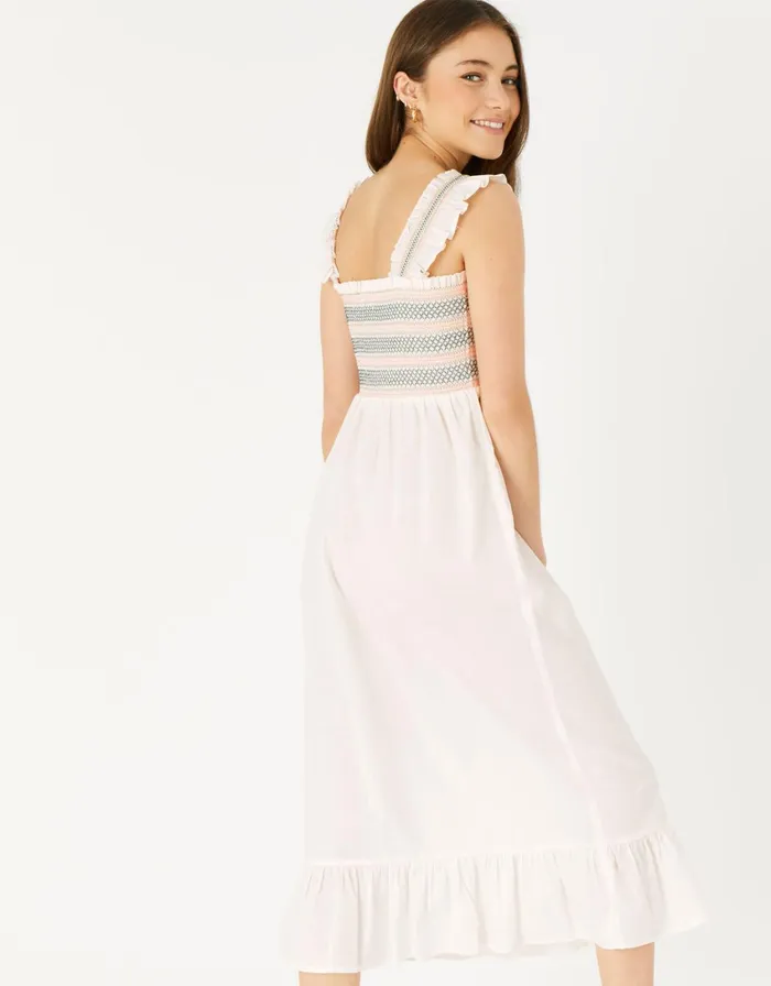 Accessorize Ruffle Shoulder Smocked Midi Dress Natural Ivory Women Dresses