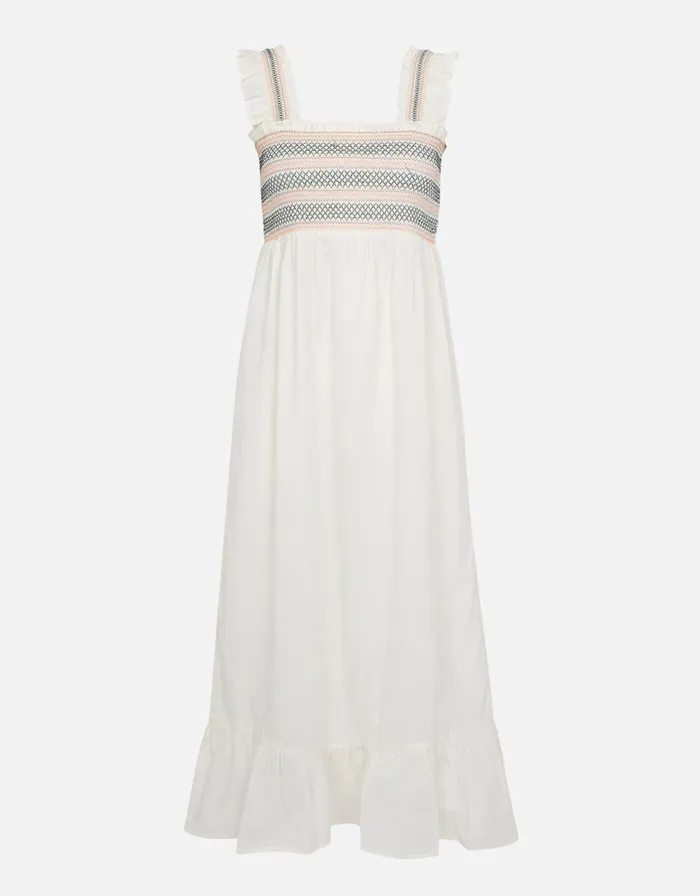 Accessorize Ruffle Shoulder Smocked Midi Dress Natural Ivory Women Dresses