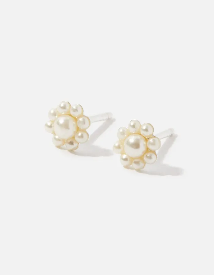 Accessorize Sterling Silver Pearl Flower Studs Women Earrings