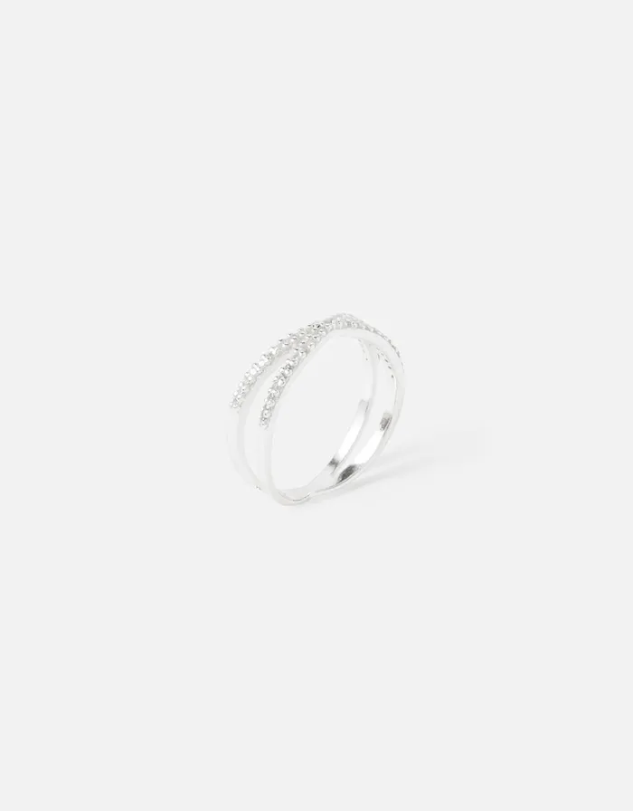 Accessorize Sterling Silver Sparkle CrissCross Ring White St Crystal Women Rings
