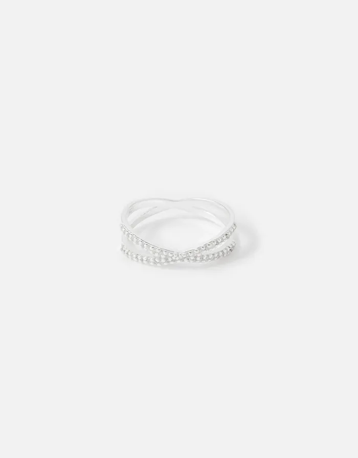 Accessorize Sterling Silver Sparkle CrissCross Ring White St Crystal Women Rings
