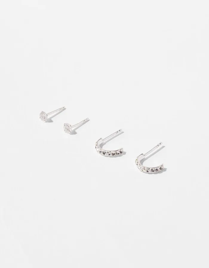 Accessorize Sterling Silver Sparkling Stud And Hoop Set Women Earrings