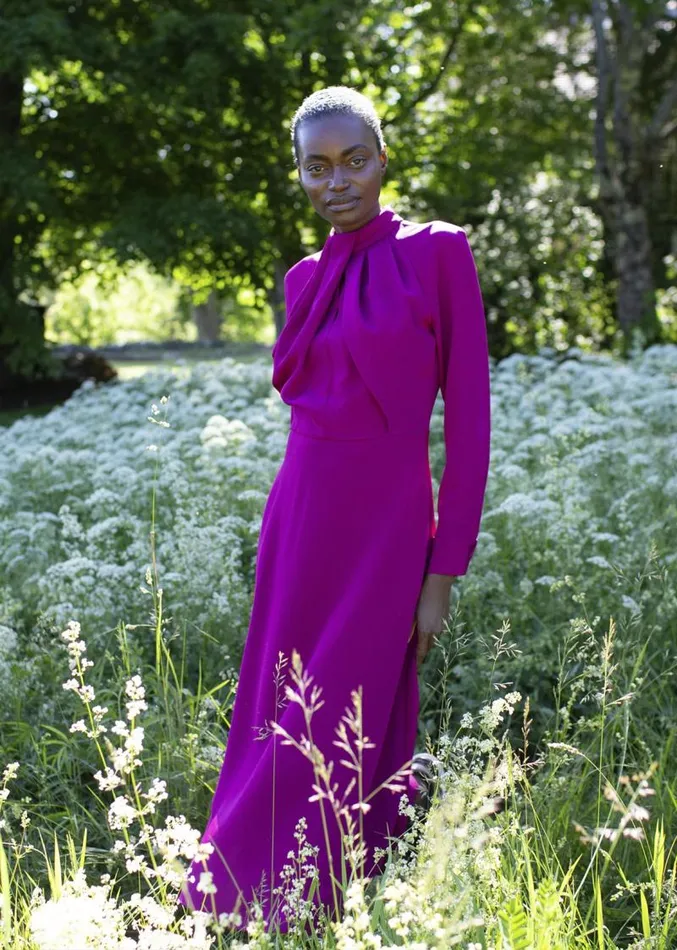Adam Lippes Dresses and Jumpsuits Long Sleeve Dress With Neck Twist In Silk Crepe Orchid 8211 Women