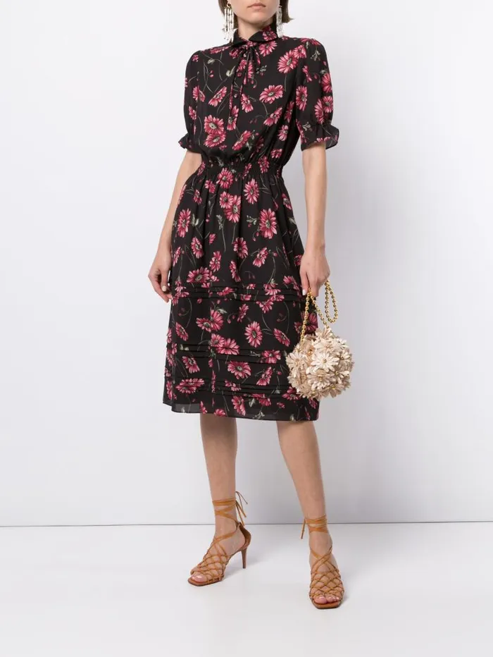Adam Lippes Dresses and Jumpsuits Tiered Hem Dress In Printed Georgette Black Daisy 8211 Women