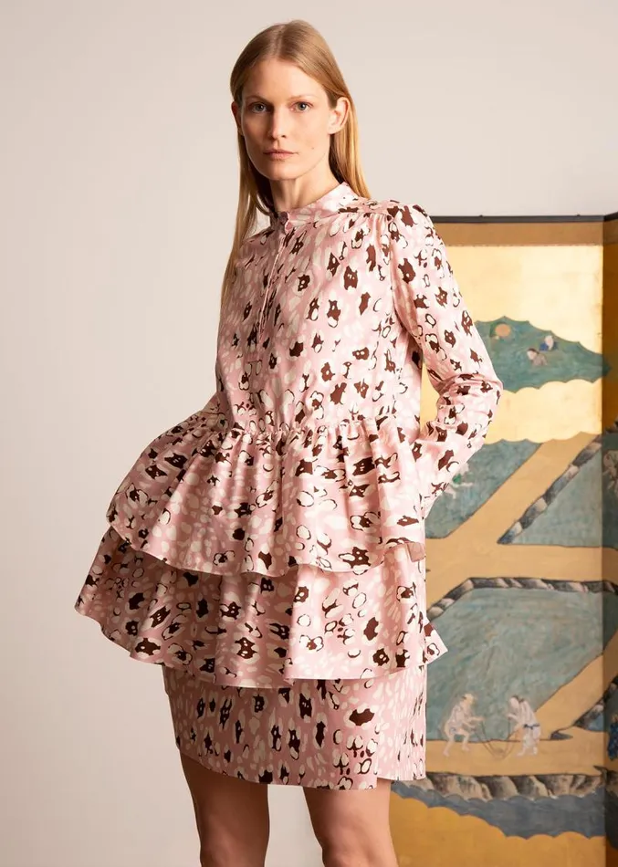 Adam Lippes Dresses and Jumpsuits Tiered Ruffle Mini Dress In Printed Poplin Pink Leopard 8211 Women