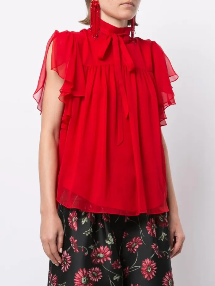 Adam Lippes Tops Flounce Sleeve Top In Silk Chiffon Red 8211 Women