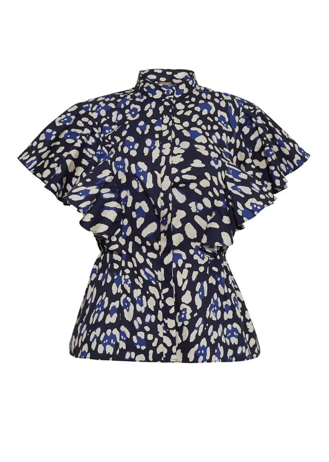 Adam Lippes Tops Ruffle Shell In Printed Poplin Blue Leopard 8211 Women
