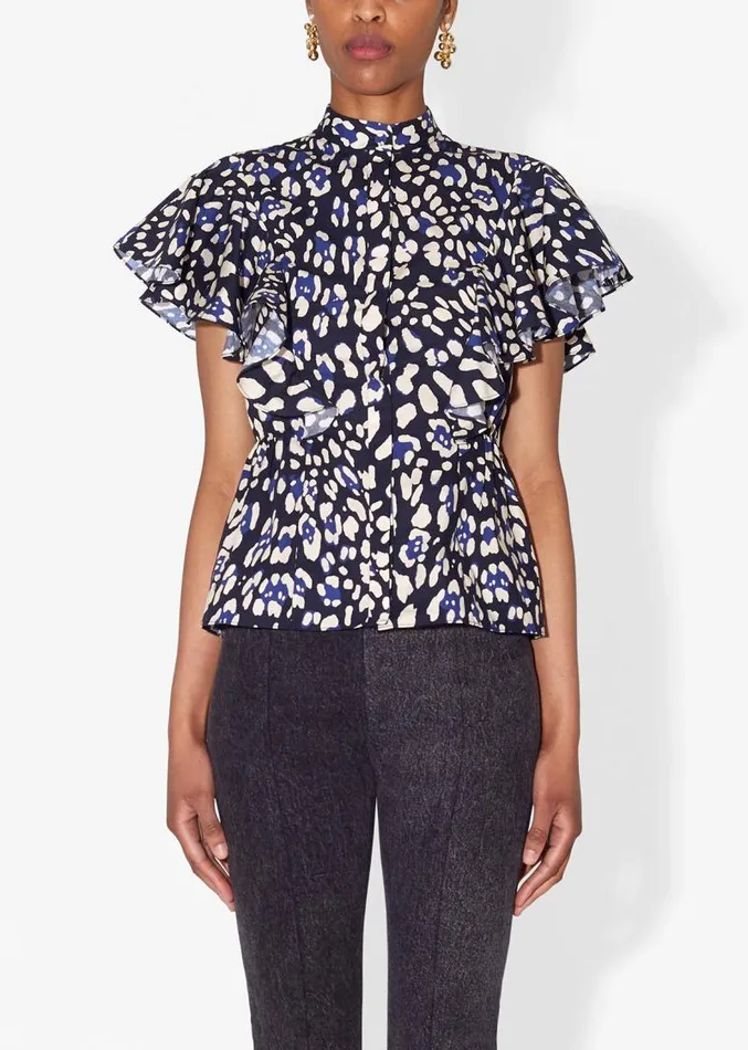 Adam Lippes Tops Ruffle Shell In Printed Poplin Blue Leopard 8211 Women