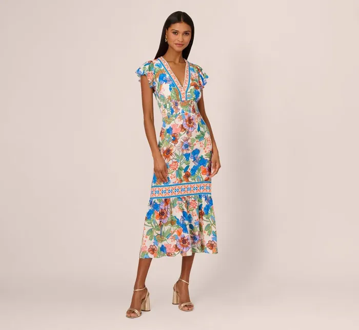 Adrianna Papell Day Dresses Bright Floral Print Midi Dress With Flutter Sleeves In BlueGreen Multi 8211 Women