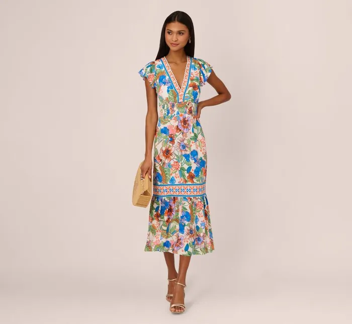 Adrianna Papell Day Dresses Bright Floral Print Midi Dress With Flutter Sleeves In BlueGreen Multi 8211 Women