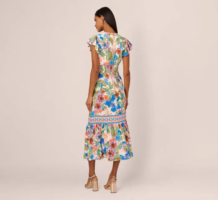 Adrianna Papell Day Dresses Bright Floral Print Midi Dress With Flutter Sleeves In BlueGreen Multi 8211 Women