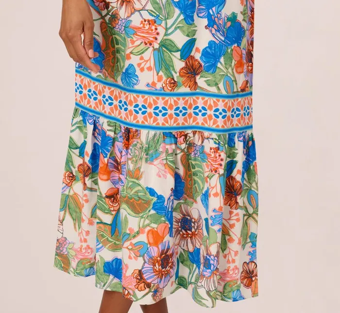 Adrianna Papell Day Dresses Bright Floral Print Midi Dress With Flutter Sleeves In BlueGreen Multi 8211 Women