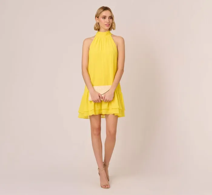 Adrianna Papell Day Dresses Chiffon Mock Neck Trapeze Dress With Flounce Hem In Hyper Yellow 8211 Women