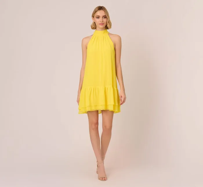 Adrianna Papell Day Dresses Chiffon Mock Neck Trapeze Dress With Flounce Hem In Hyper Yellow 8211 Women