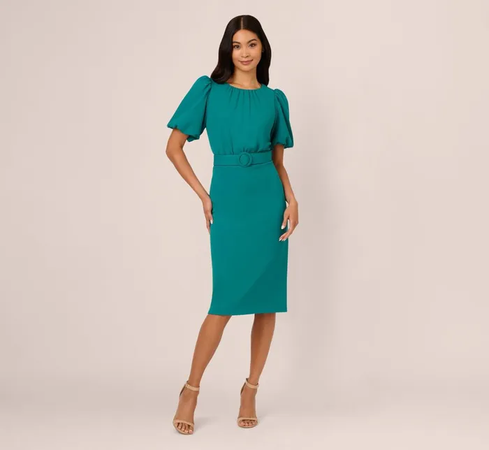 Adrianna Papell Day Dresses Crepe Bubble Sleeve Belted Dress In Tempo Teal 8211 Women