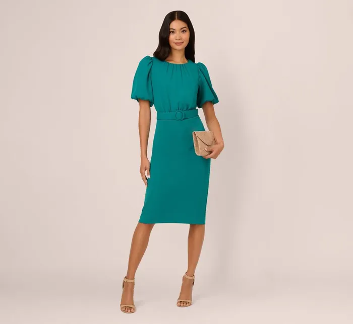 Adrianna Papell Day Dresses Crepe Bubble Sleeve Belted Dress In Tempo Teal 8211 Women