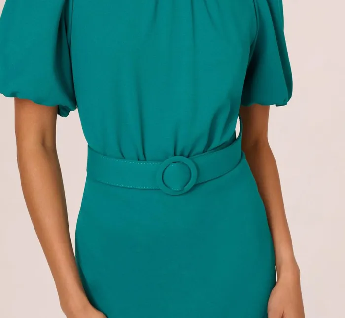 Adrianna Papell Day Dresses Crepe Bubble Sleeve Belted Dress In Tempo Teal 8211 Women