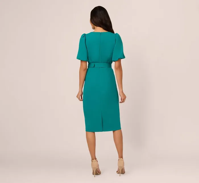 Adrianna Papell Day Dresses Crepe Bubble Sleeve Belted Dress In Tempo Teal 8211 Women