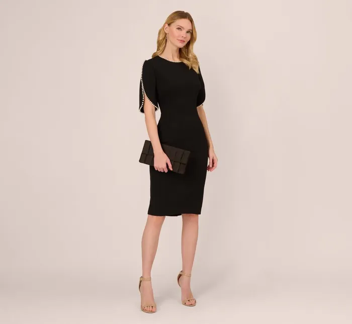 Adrianna Papell Day Dresses Crepe Midi Length Sheath Dress With Pearl Trimmed Sleeves In Black 8211 Women
