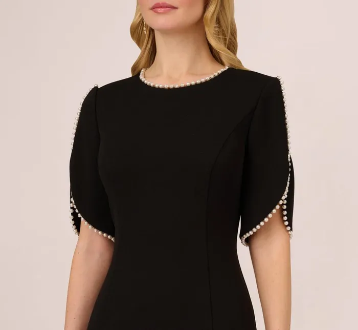 Adrianna Papell Day Dresses Crepe Midi Length Sheath Dress With Pearl Trimmed Sleeves In Black 8211 Women
