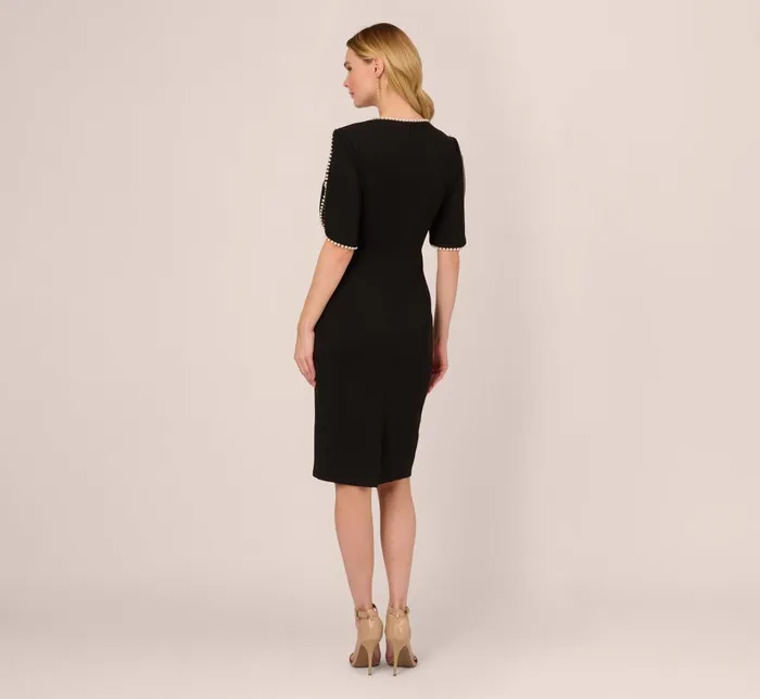 Adrianna Papell Day Dresses Crepe Midi Length Sheath Dress With Pearl Trimmed Sleeves In Black 8211 Women