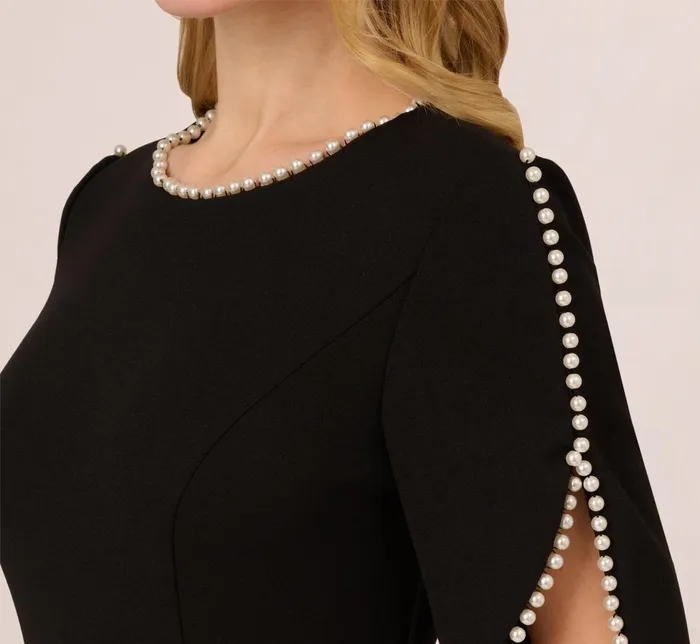 Adrianna Papell Day Dresses Crepe Midi Length Sheath Dress With Pearl Trimmed Sleeves In Black 8211 Women