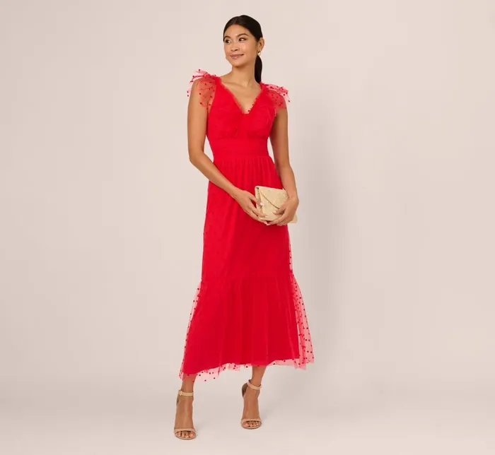 Adrianna Papell Day Dresses Dot Tulle Ruffle Dress In Red 8211 Women