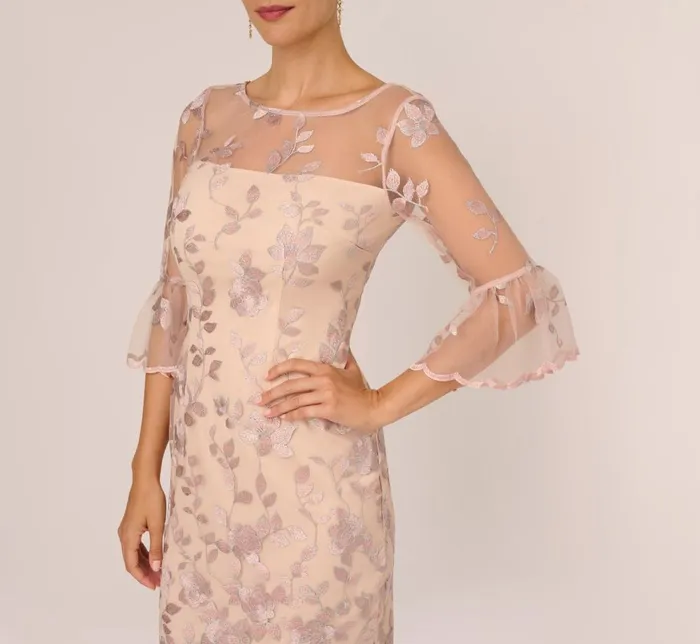 Adrianna Papell Day Dresses Floral Embroidered Sheath Dress With Scalloped Detail In Champagne Multi 8211 Women