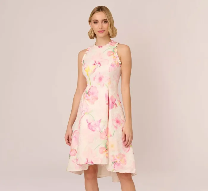 Adrianna Papell Day Dresses Floral Jacquard High Low Halter Dress With Ruffle Trim In Pink Multi 8211 Women Adrianna Papell Day Dresses Floral Jacquard High Low Halter Dress With Ruffle Trim In Pink Multi 8211 Women