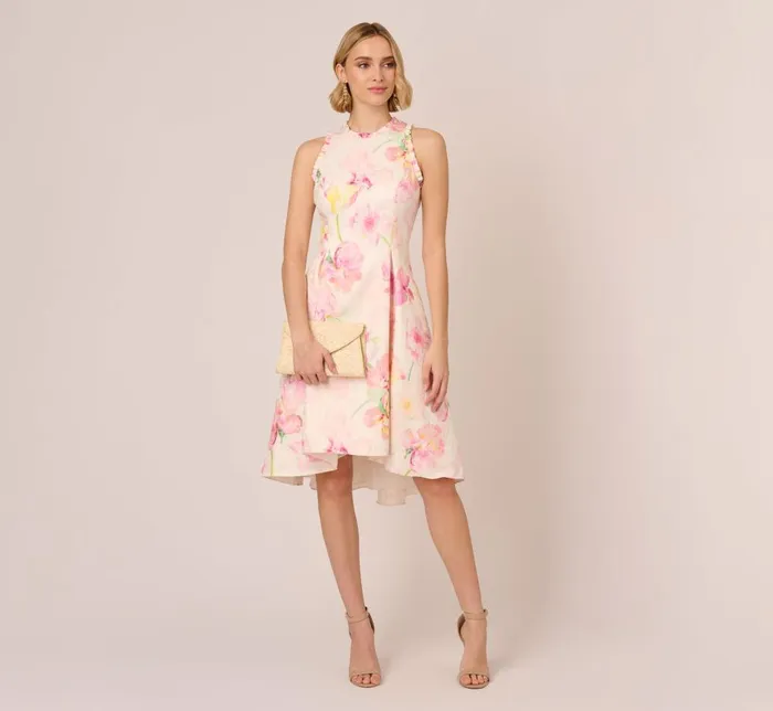 Adrianna Papell Day Dresses Floral Jacquard High Low Halter Dress With Ruffle Trim In Pink Multi 8211 Women
