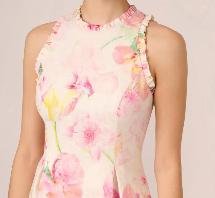 Adrianna Papell Day Dresses Floral Jacquard High Low Halter Dress With Ruffle Trim In Pink Multi 8211 Women