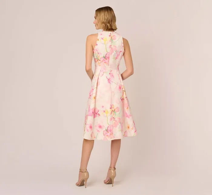 Adrianna Papell Day Dresses Floral Jacquard High Low Halter Dress With Ruffle Trim In Pink Multi 8211 Women