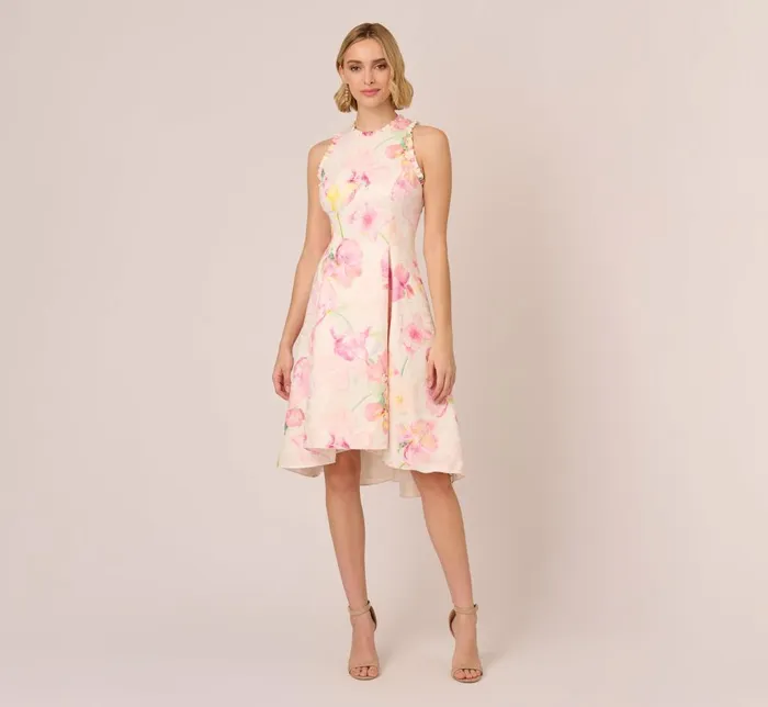 Adrianna Papell Day Dresses Floral Jacquard High Low Halter Dress With Ruffle Trim In Pink Multi 8211 Women