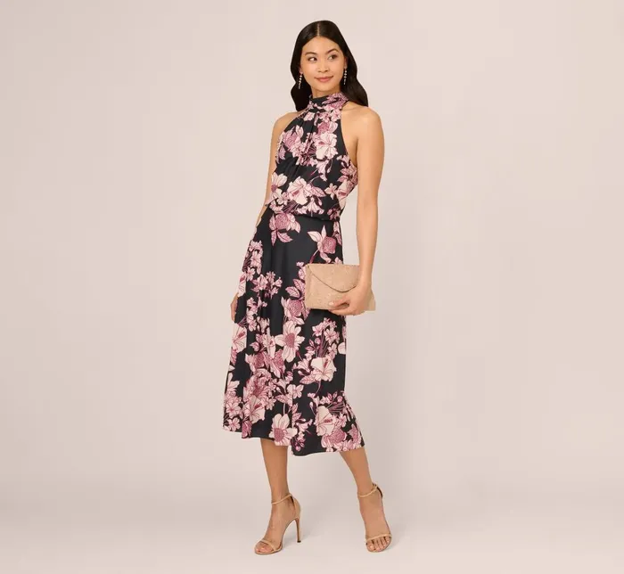 Adrianna Papell Day Dresses Floral Print Halter Midi Dress With Mock Neckline In Black Multi 8211 Women