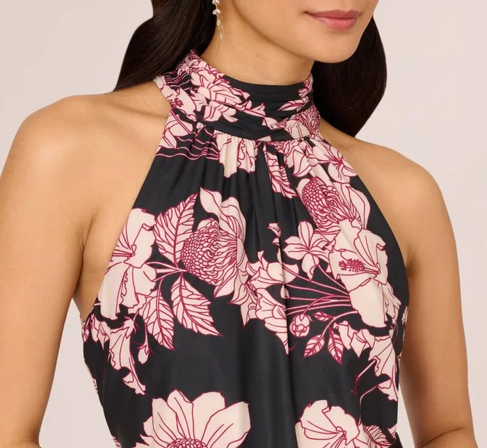 Adrianna Papell Day Dresses Floral Print Halter Midi Dress With Mock Neckline In Black Multi 8211 Women