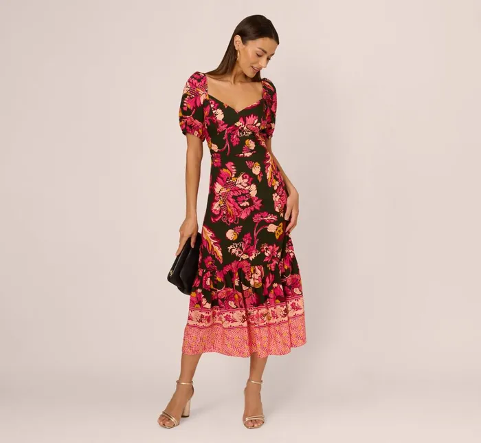 Adrianna Papell Day Dresses Floral Print Maxi Dress With Puff Sleeves In Hunter Multi 8211 Women