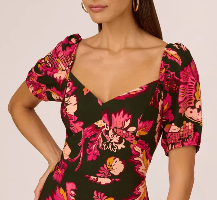 Adrianna Papell Day Dresses Floral Print Maxi Dress With Puff Sleeves In Hunter Multi 8211 Women