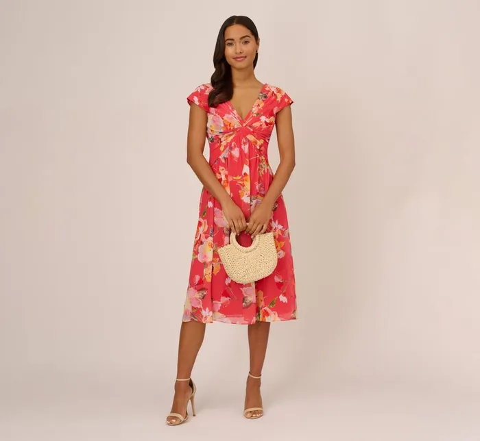 Adrianna Papell Day Dresses Floral Print Midi Dress With Twist Neckline In Coral Multi 8211 Women Adrianna Papell Day Dresses Floral Print Midi Dress With Twist Neckline In Coral Multi 8211 Women