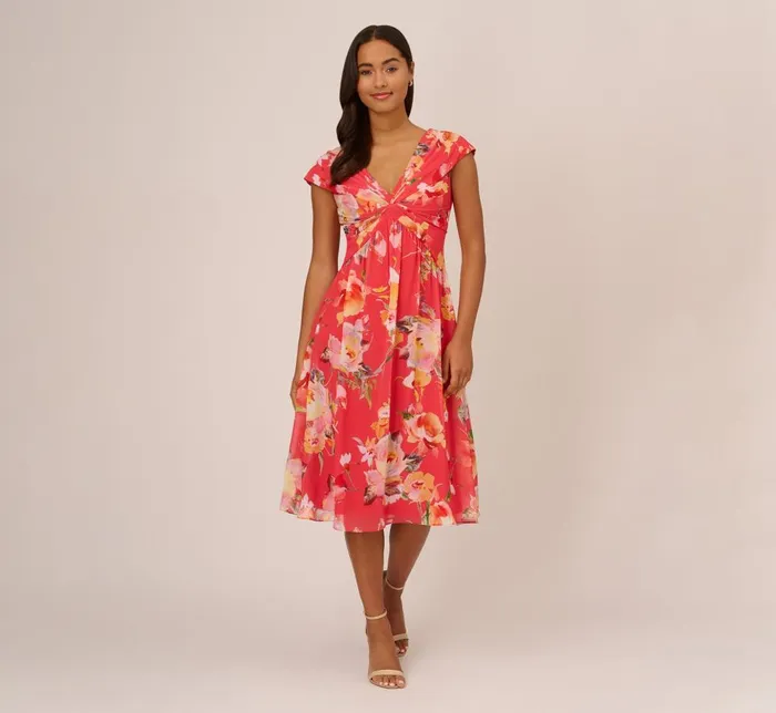 Adrianna Papell Day Dresses Floral Print Midi Dress With Twist Neckline In Coral Multi 8211 Women
