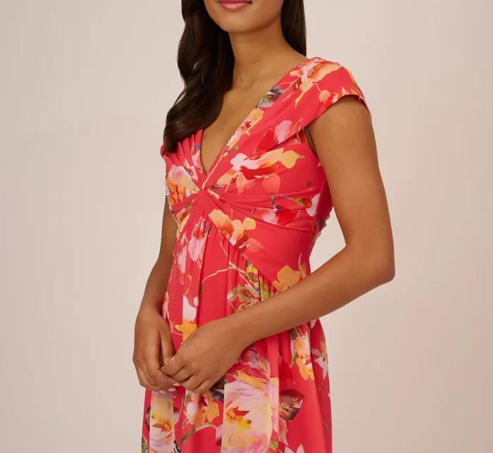 Adrianna Papell Day Dresses Floral Print Midi Dress With Twist Neckline In Coral Multi 8211 Women
